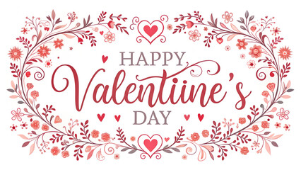 Happy Valentine's Day text surrounded by elegant floral wreath with hearts and flowers