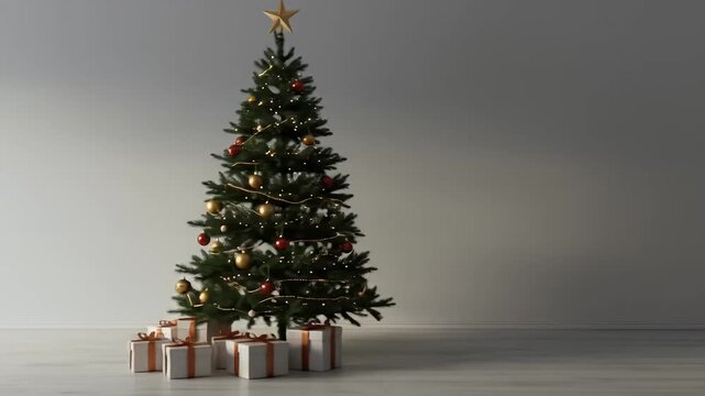 A Christmas tree stands with gifts in a room.