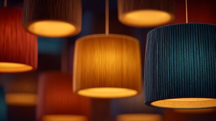 Multiple pendant lamps with textured shades glow softly against a blurred background, creating an inviting, intimate atmosphere ideal for interior, hospitality, or lifestyle designs.