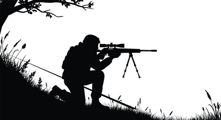 Silhouette sniper aiming rifle, tactical soldier kneeling in grass, military marksman with scope, outdoor survival scene, precision shooting illustration background © MD SAKIL