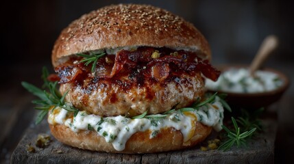 Close up of a juicy artisanal burger piled with seared patty, bacon, and herb sauce in a sesame bun, captured in rustic lighting ideal for menus, ads, and food delivery promotions.