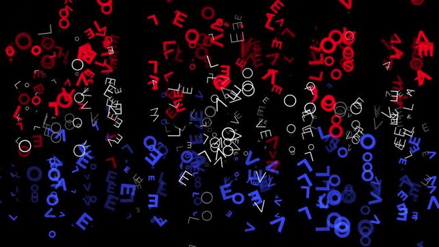 Energetic swarm of red, white, and blue letters spelling "LOVE" that spin and float across a dark background.