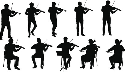 Silhouette of musicians playing violin and cello, standing and sitting, classical music performance concept showing art, creativity, and passion.