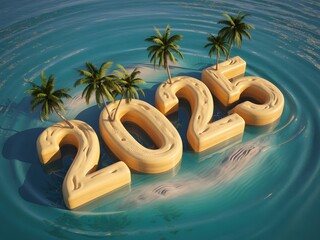 2025 Sand Number Islands With Palm Trees In Calm Turquoise Water, Minimal Tropical Concept.