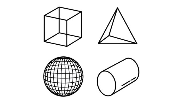 Set of four geometric shapes including a cube pyramid sphere and cylinder