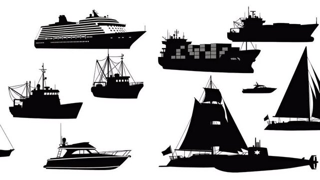 Diverse Black Ship Silhouettes on White Background Seamless Animation
