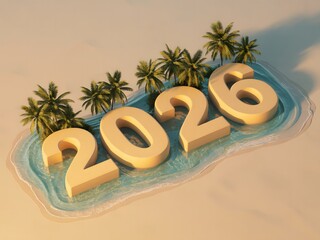 2026 Sand Number Island With Palm Trees In Shallow Turquoise Water, Minimal Tropical Concept.