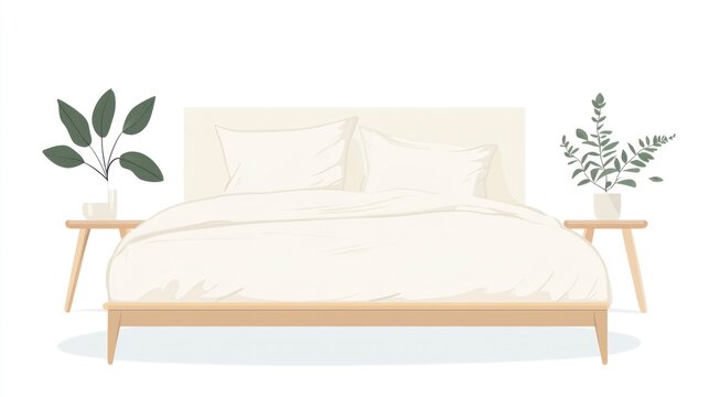 Minimalist bedroom illustration with bed plants and bedside tables on white backdrop