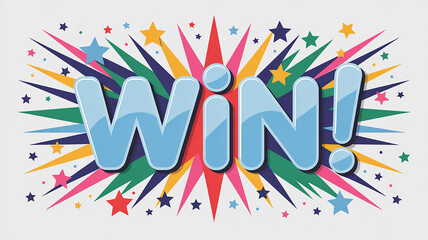 Blue WIN text with colorful starburst and confetti explosion victory success