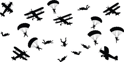 Silhouette of skydivers and airplanes in air, group parachuting, extreme adventure, freedom, teamwork, sky jump, adrenaline, and outdoor sport. © Creatives Sakib
