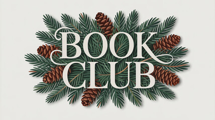 Book Club Text with Elegant Pine Branches and Pine Cones on Cream Background reading