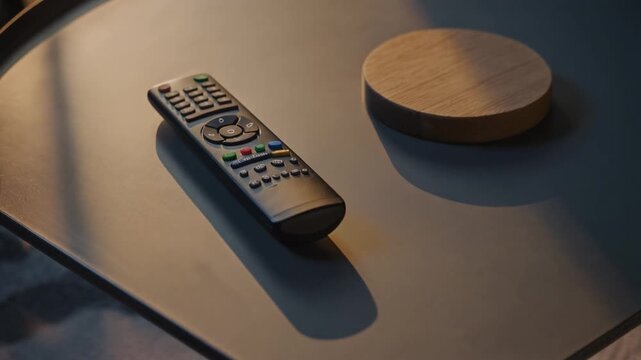 TV remote control, neatly placed on a modern grey coffee table next to a wooden coaster with warm sunset shadows in a contemporary minimalist living room interior.