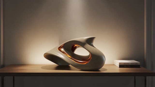 Abstract ceramic sculpture, glowing on a slim wooden console table in a luxury apartment entryway with warm backlight and elegant interior design aesthetic.