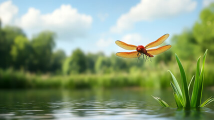 Dragonfly hovering over pond, green grass, blue sky, summer, peaceful nature scene