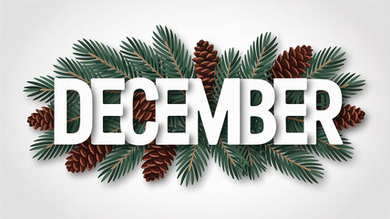 DECEMBER text with pine branches and pinecones on white background december