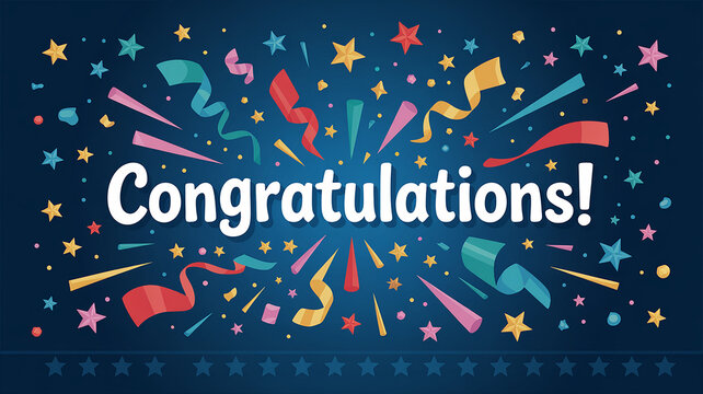 Congratulations text with colorful streamers and stars on a dark blue background greeting - Powered by Adobe