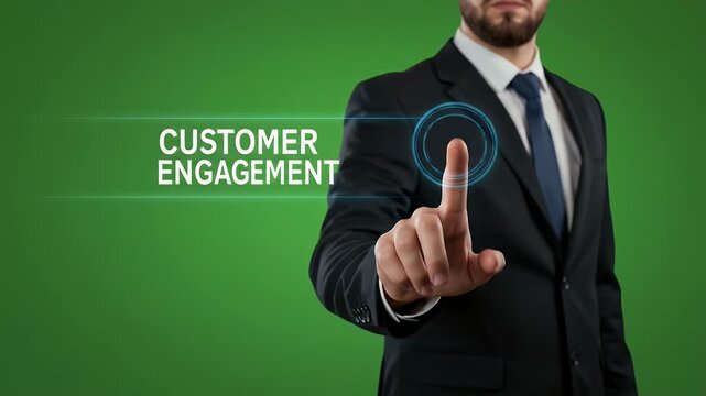 Professional man engaging with futuristic customer interaction technology in a modern green environment.