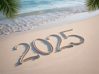 2025 Written On Smooth Tropical Beach Sand With Gentle Ocean Wave And Palm Leaves Above.