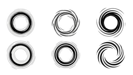 Six abstract black and white swirling vortex or spiral graphic elements
