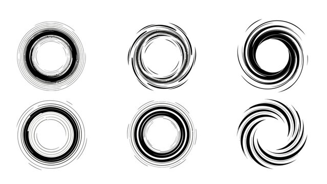 Six abstract black and white swirling vortex or spiral graphic elements