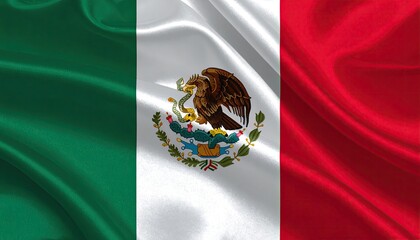 A tricolor flag with emblem, waving, green stripe near the hoist