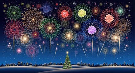 Night sky fireworks over snowy landscape