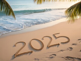2025 Written On Tropical Beach Sand With Palm Trees And Ocean Waves At Sunset.