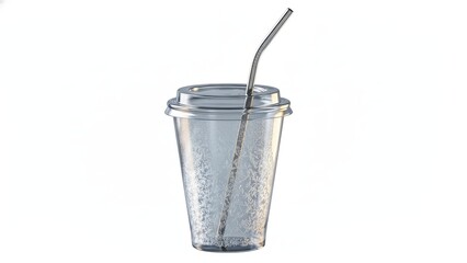 Clear plastic cup with lid and straw on a white background, studio shot