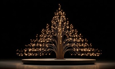 Illuminated Tree Sculpture with Twinkling Lights in Dark Setting