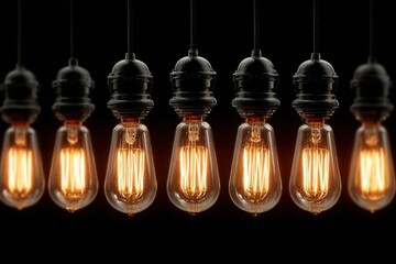 Vintage Edison Bulbs Hanging in a Row Against a Dark Background