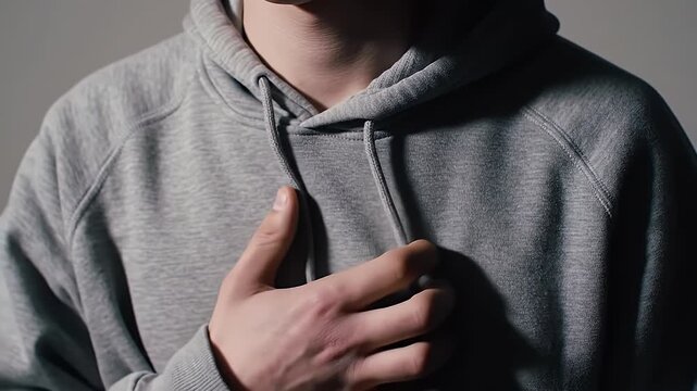Close-up of a Young Man's Chest and Hand in a Gray Hoodie, Emotional Gesture