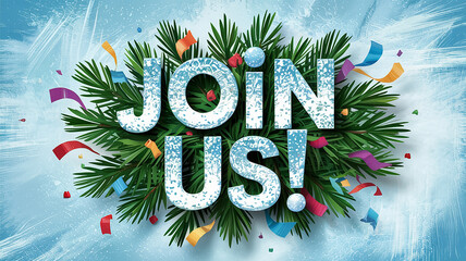 Join Us text with confetti and pine branches on icy background words lettering