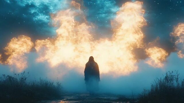 Mystical Figure Amidst Fiery Skies - A Journey into the Unknown.