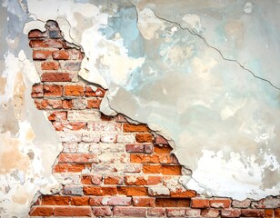 Close-up of a damaged, weathered brick wall revealing the exposed red brick beneath peeling paint and plaster