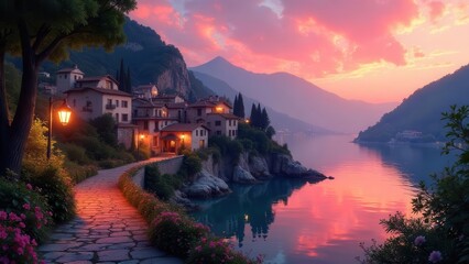 Fototapeta premium Serene Lakeside Village at Sunset A Picturesque Stone Path Winds Through Blooming Flowers, Leading to Charming Houses Nestled on a Cliffside, Mirrored in the Calm Waters Below