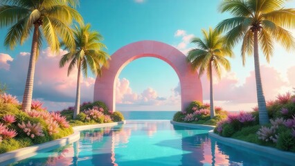 Naklejka premium Serene Pink Archway Paradise Tropical Oasis with Reflecting Pool and Ocean View