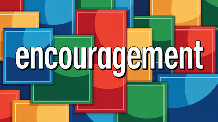 The word encouragement on a background of overlapping colorful rectangles text