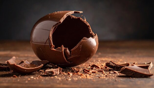 Close-up of a broken chocolate egg on a rustic wooden surface, with surrounding chocolate pieces and dark background