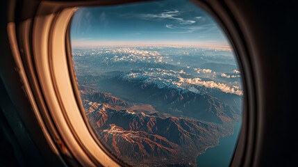 Breathtaking aerial view of snow-capped mountains through airplane window