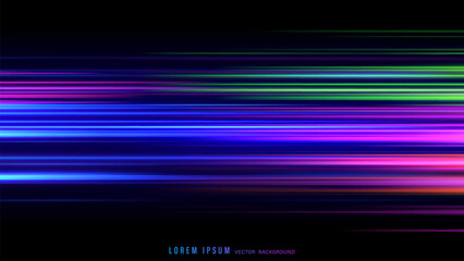 Abstract colorful speed line background. Horizontal neon light stripes with motion blur effect
