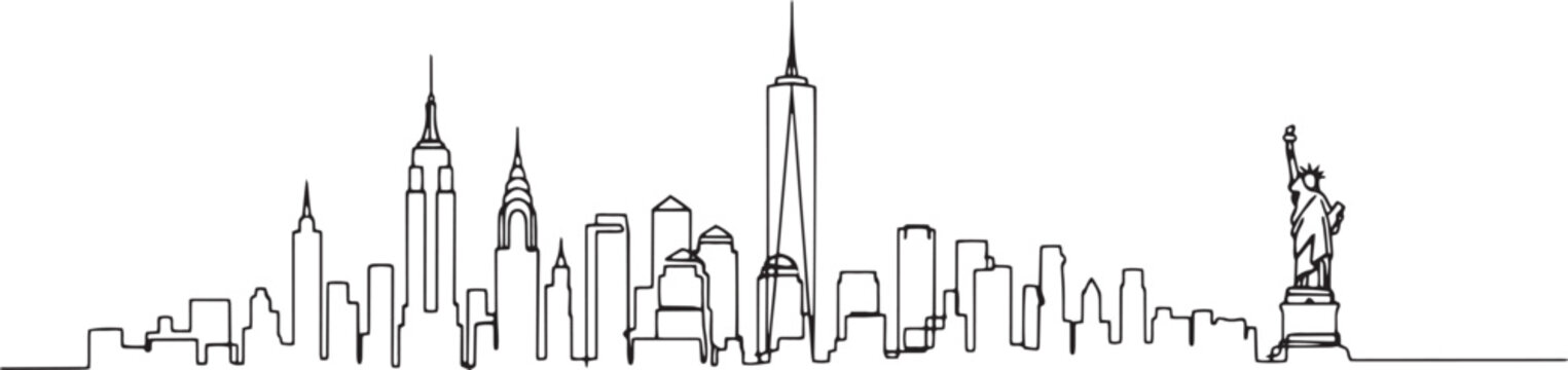New York City skyline, continuous single line art illustration, isolated 