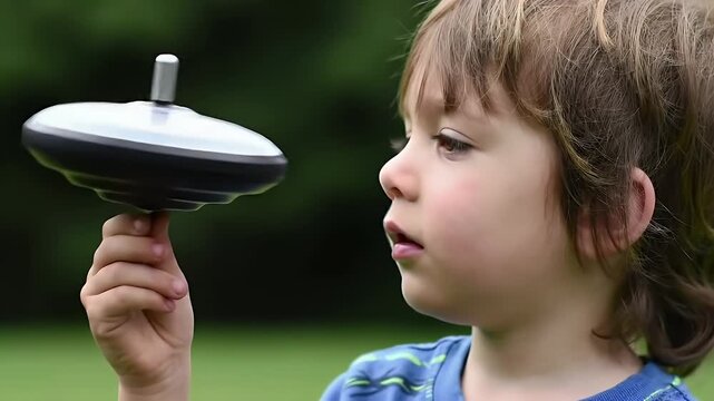 Curious young boy intently watching a spinning top in a green outdoor setting