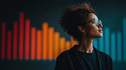 Confident businesswoman analyzing data with colorful graph background