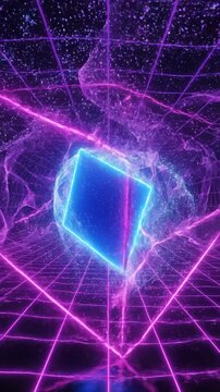 Abstract Neon Grid Portal With Glowing Blue Cube And Purple Energy In Dark Space