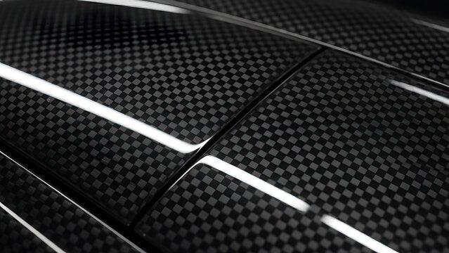 Closeup of a sleek carbon fiber surface with shiny reflective lines and a black background