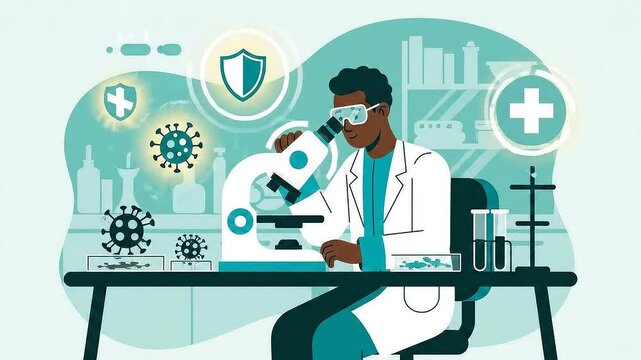 Animated Medical Research Scientist Examining Virus Through Microscope With Protection Shields And Healthcare Icons In Teal Laboratory Setting
