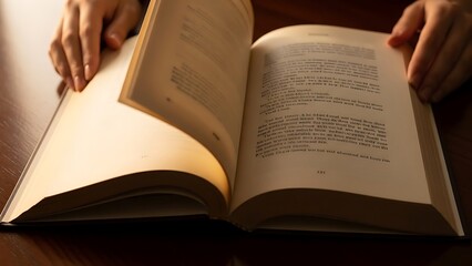 Fototapeta premium Hands turning pages of an old book, revealing ancient wisdom and knowledge.