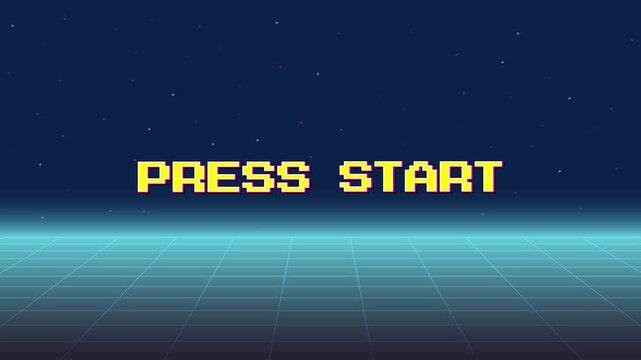 PRESS START. insert coin to continue. pixel art 8 bit. Retro Futurism Sci-Fi Background.	