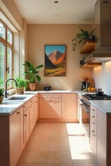 Sunlit Modern Kitchen with Peach Cabinets and Mountain View Artwork