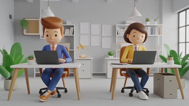 3D cartoon office characters sit at separate desks in a bright modern workspace